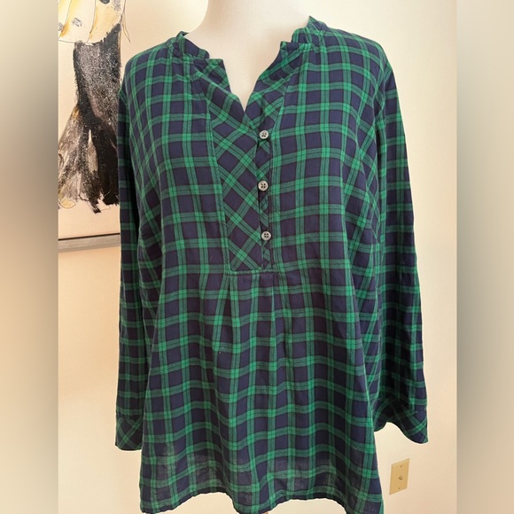 Talbots Petites Green and Navy Plaid Cotton Blouse Size XP - Picture 1 of 8